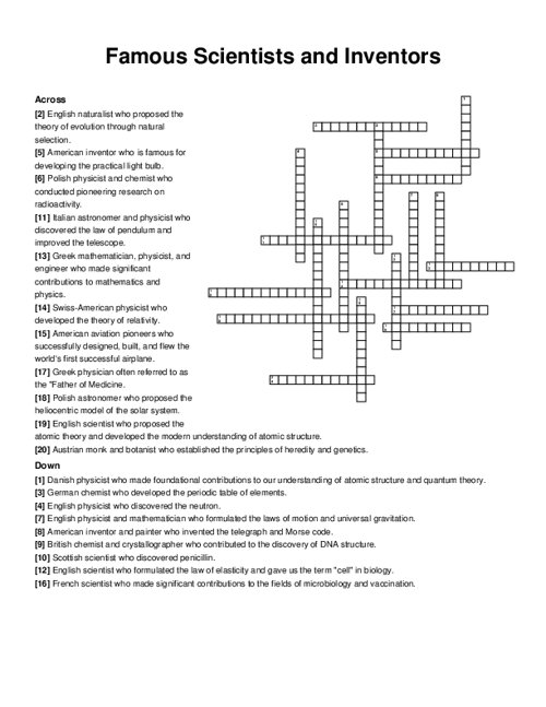 Famous Scientists and Inventors Crossword Puzzle