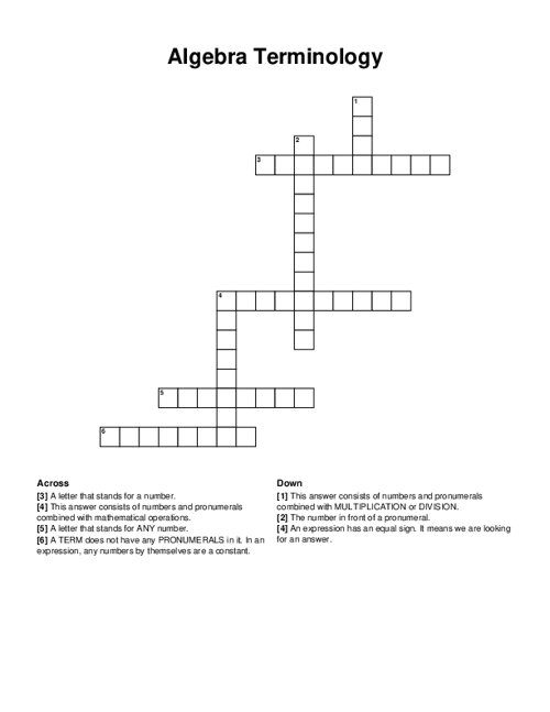 Algebra Terminology Crossword Puzzle