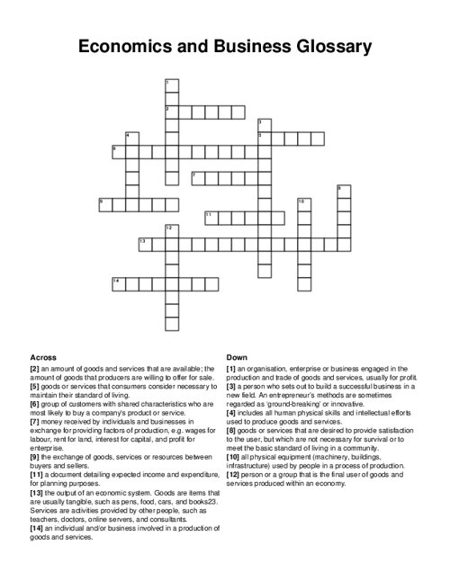 Economics and Business Glossary Crossword Puzzle