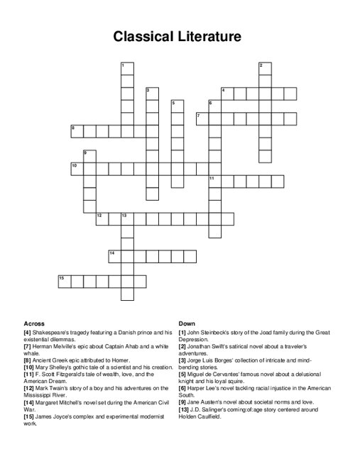 Classical Literature Crossword Puzzle