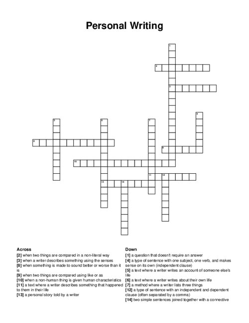 Personal Writing Crossword Puzzle