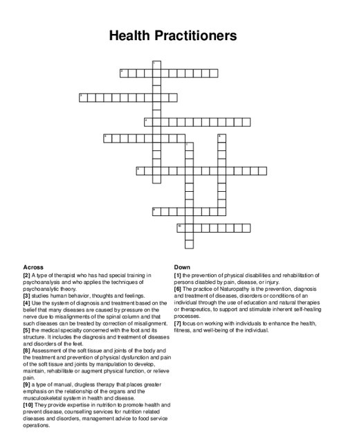 Health Practitioners Crossword Puzzle