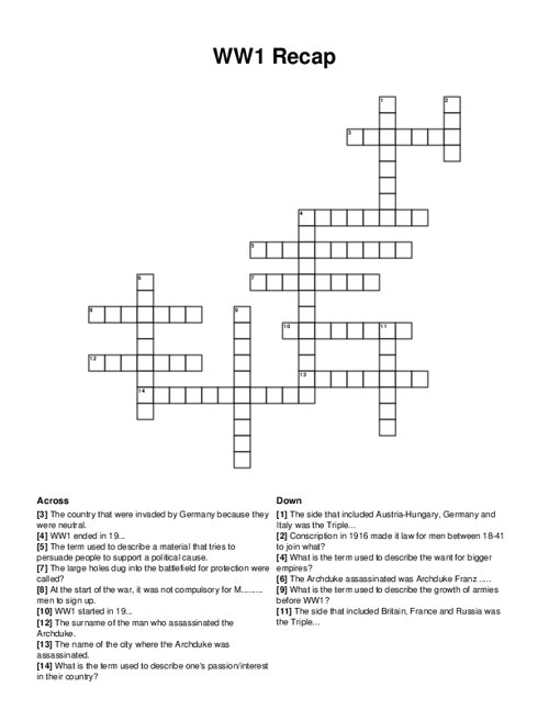 WW1 Recap Crossword Puzzle