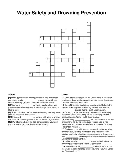 Water Safety and Drowning Prevention Crossword Puzzle