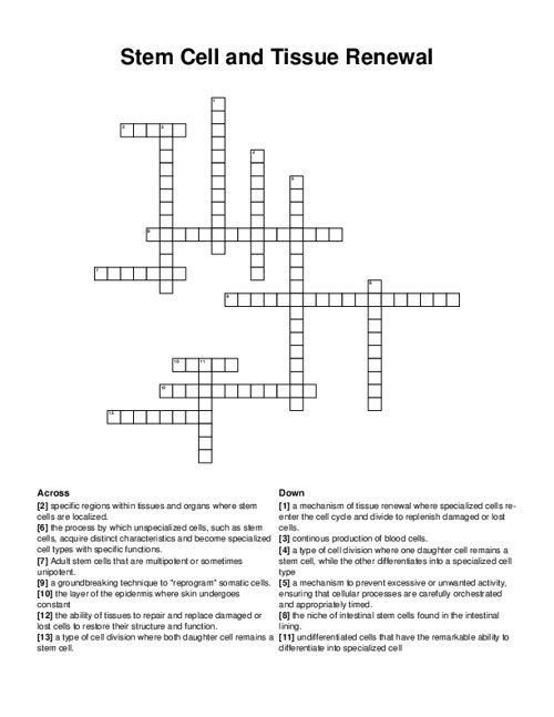 Stem Cell and Tissue Renewal Crossword Puzzle