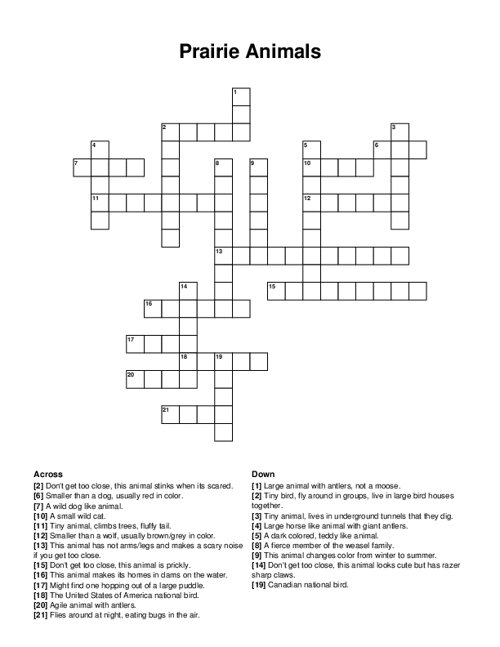 Prairie Animals Crossword Puzzle