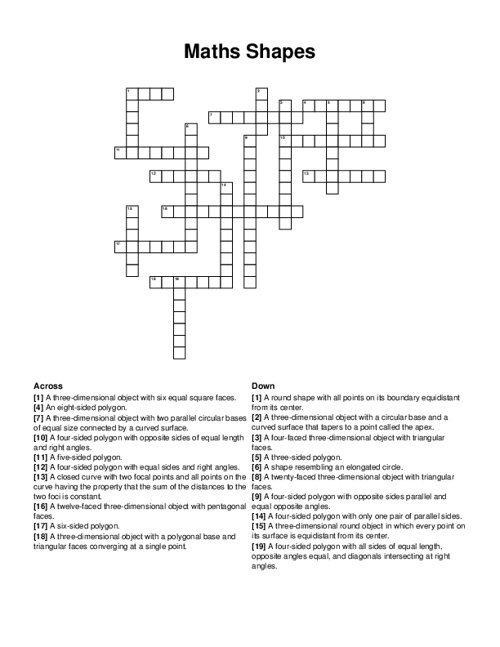 Maths Shapes Crossword Puzzle
