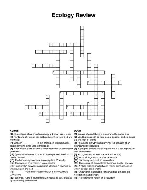 Ecology Review Crossword Puzzle