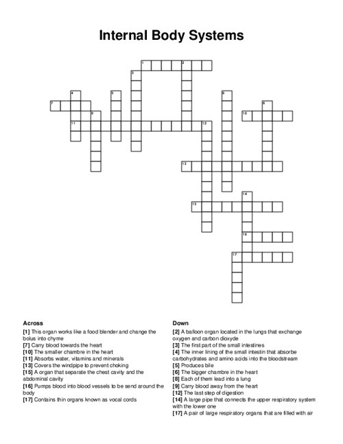 Internal Body Systems Crossword Puzzle