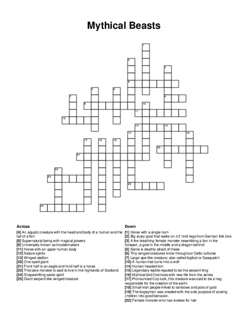 Mythical Beasts Crossword Puzzle
