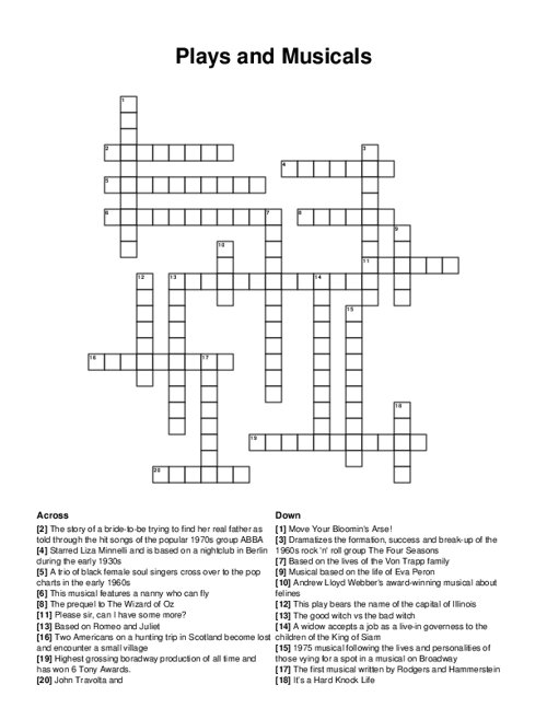 Plays and Musicals Crossword Puzzle