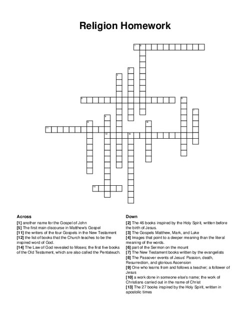 Religion Homework Crossword Puzzle