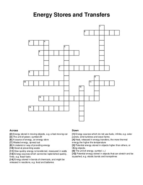 Energy Stores and Transfers Crossword Puzzle