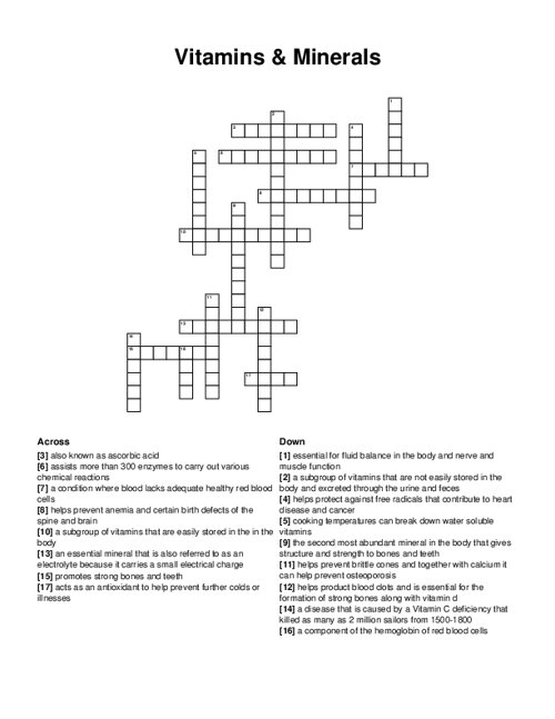 Vitamins & Minerals Crossword Puzzle