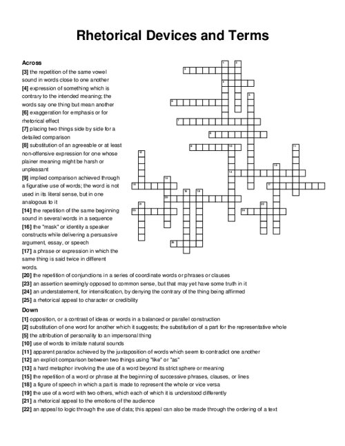 Rhetorical Devices and Terms Crossword Puzzle
