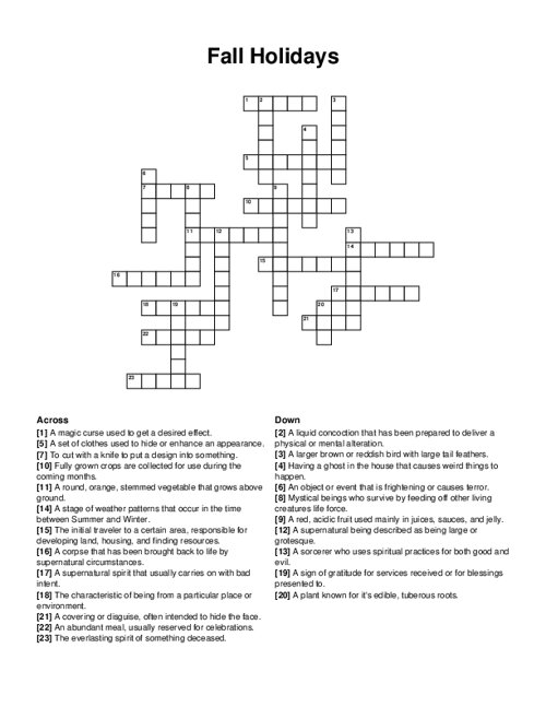 Fall Holidays Crossword Puzzle