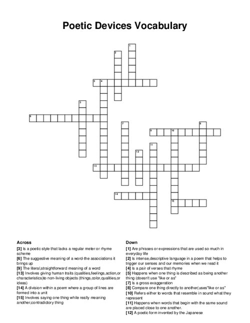 Poetic Devices Vocabulary Crossword Puzzle