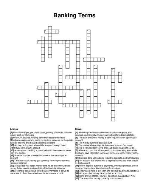 Banking Terms Crossword Puzzle