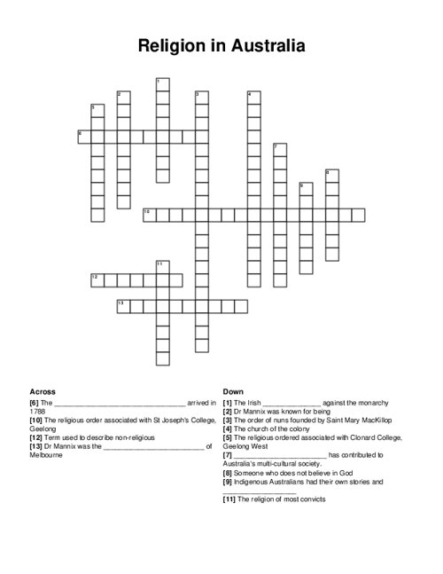 Religion in Australia Crossword Puzzle