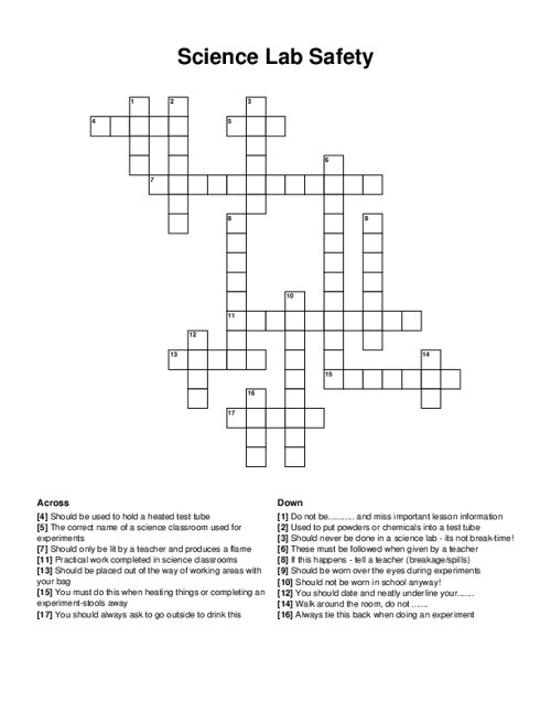 Science Lab Safety Crossword Puzzle
