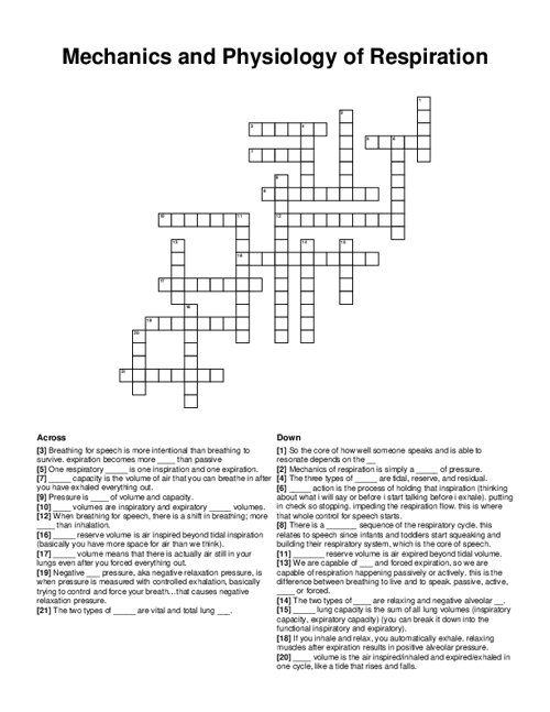 Mechanics and Physiology of Respiration Crossword Puzzle