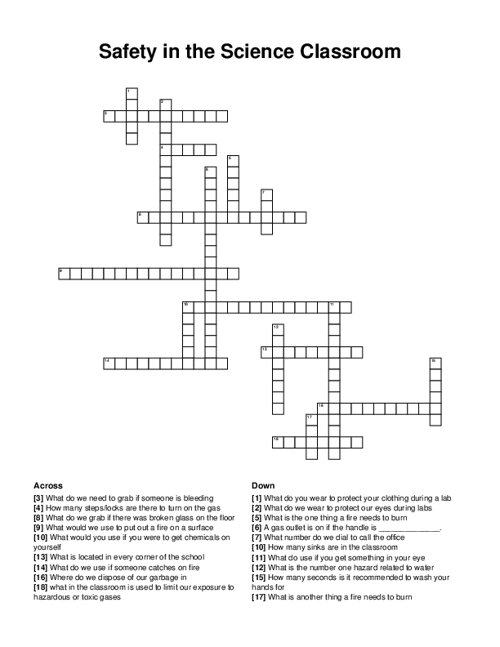 Safety in the Science Classroom Crossword Puzzle