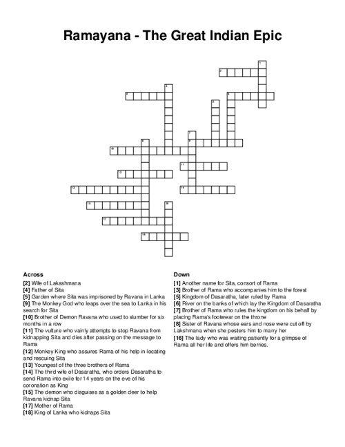 Ramayana The Great Indian Epic Crossword Puzzle