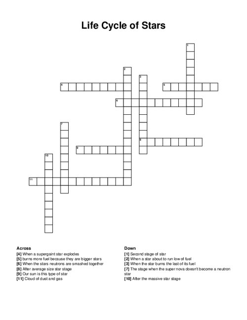 Life Cycle of Stars Crossword Puzzle