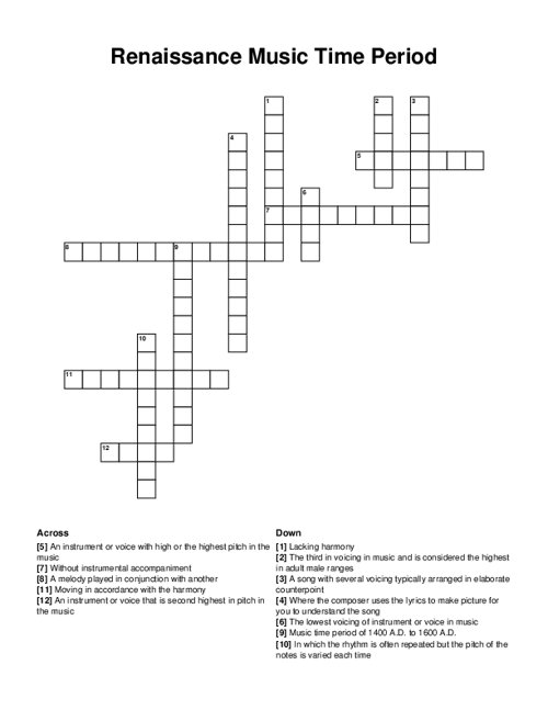 Renaissance Music Time Period Crossword Puzzle
