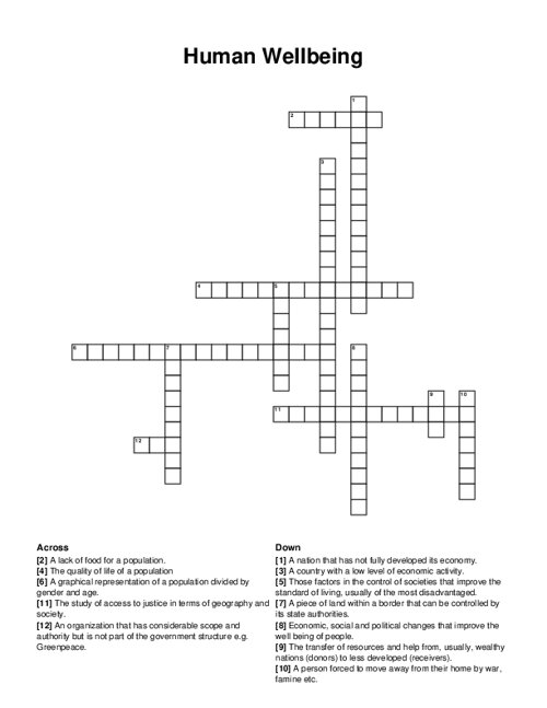Human Wellbeing Crossword Puzzle