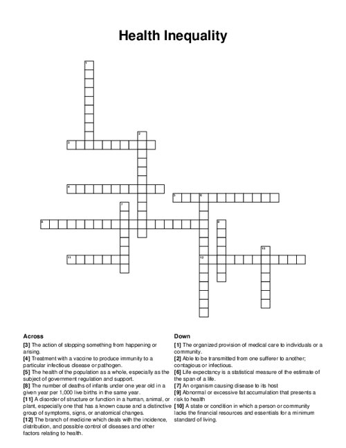 Health Inequality Crossword Puzzle