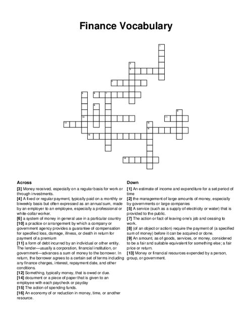 Finance Vocabulary Crossword Puzzle