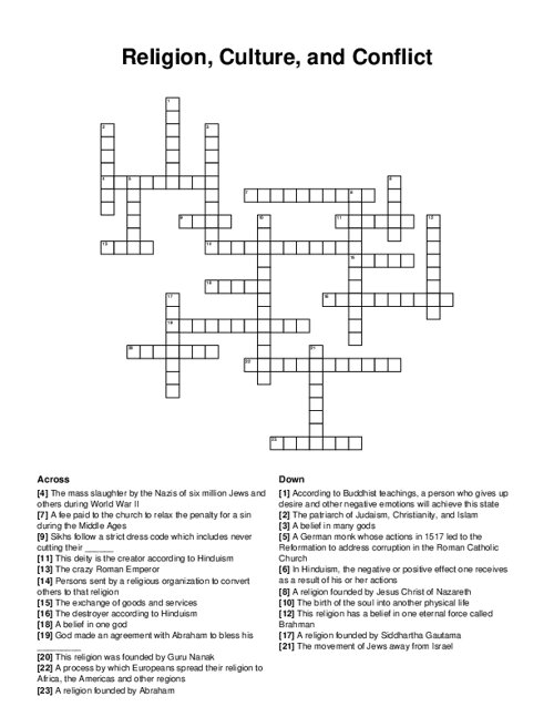 Religion, Culture, and Conflict Crossword Puzzle