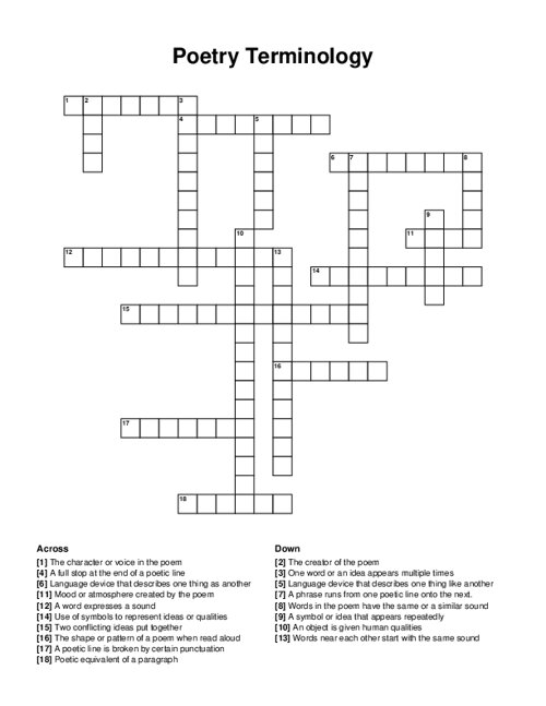 Poetry Terminology Crossword Puzzle