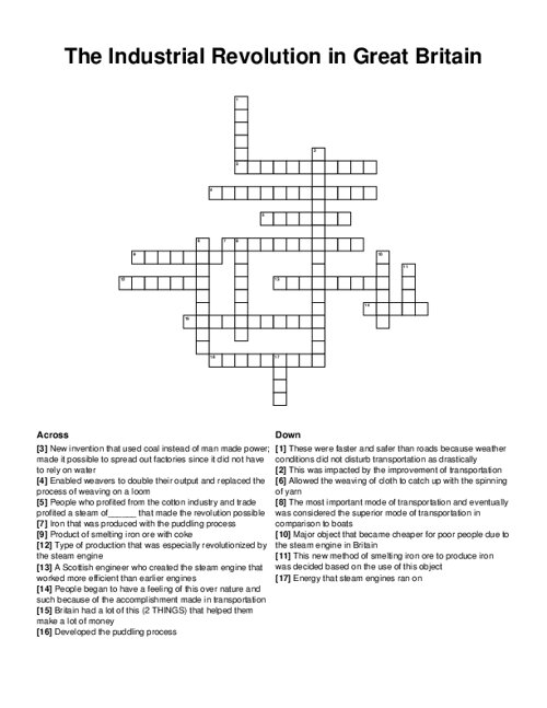 The Industrial Revolution in Great Britain Crossword Puzzle