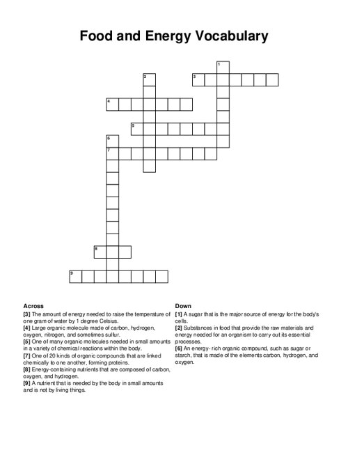 Food and Energy Vocabulary Crossword Puzzle