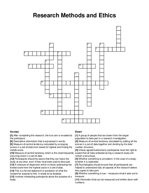 Research Methods and Ethics Crossword Puzzle