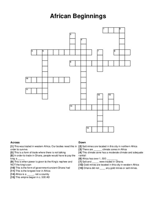 African Beginnings Crossword Puzzle