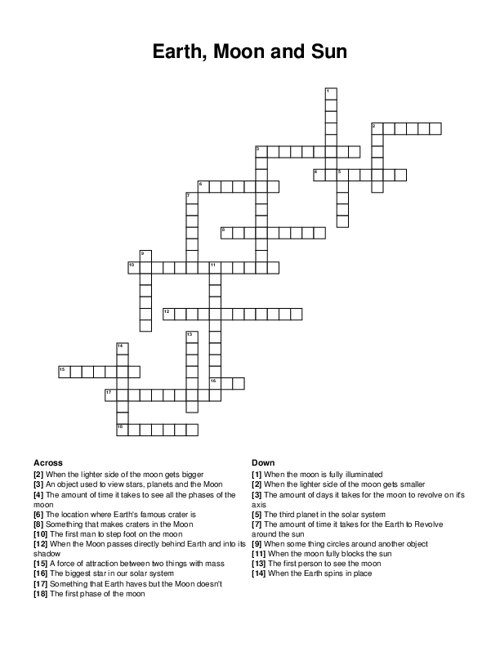 Earth, Moon and Sun Crossword Puzzle