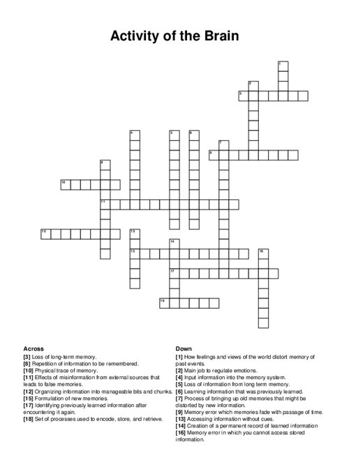 Activity of the Brain Crossword Puzzle