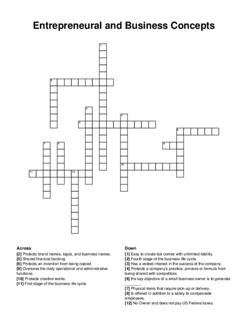 Entrepreneural and Business Concepts Crossword Puzzle