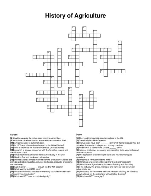 History of Agriculture Crossword Puzzle