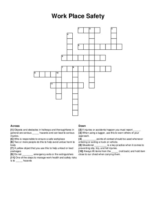Work Place Safety Crossword Puzzle