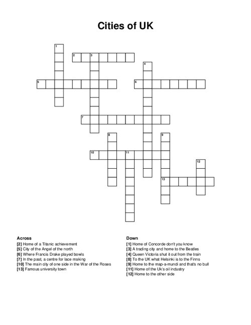 Cities of UK Crossword Puzzle