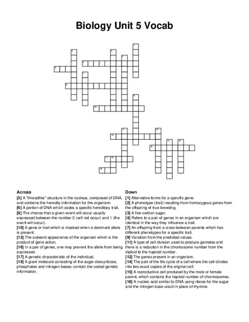Biology Unit 5 Vocab Crossword Puzzle