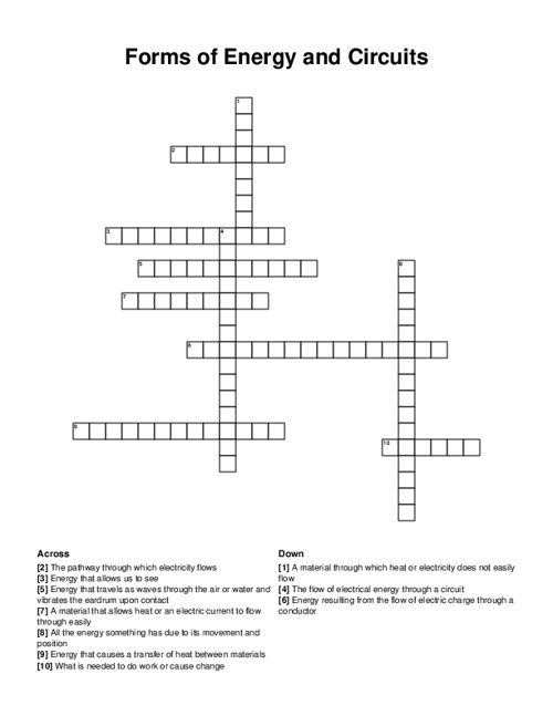 Forms of Energy and Circuits Crossword Puzzle