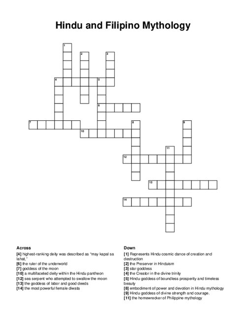 Hindu and Filipino Mythology Crossword Puzzle