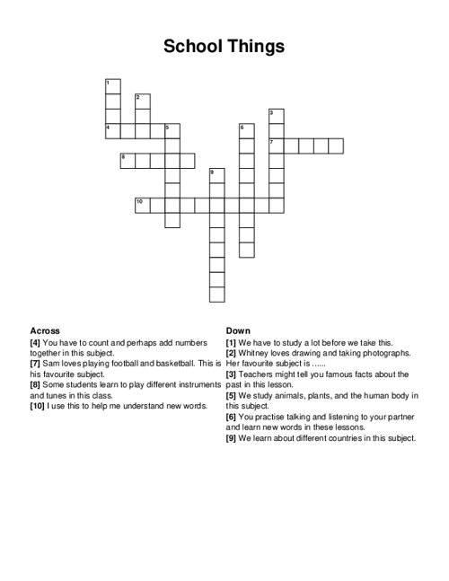 School Things Crossword Puzzle
