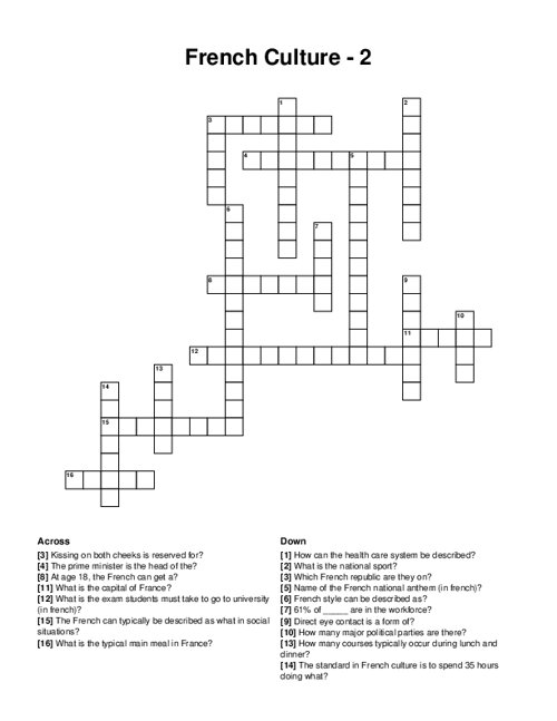 French Culture - 2 Crossword Puzzle
