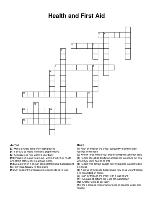 Health and First Aid Crossword Puzzle
